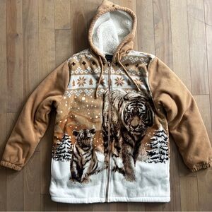Vintage Tiger Print Hooded Fleece Jacket - Camel/White